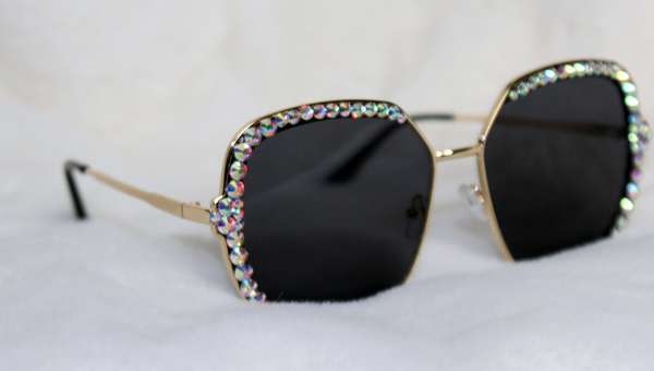Sugar BB Crystal Sunnies - AB crystal rimmed sunglasses in black on white fur by bellz couture