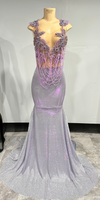 Bossy Girl semi-custom prom gown with light purple rhinestone on glitter fabric — Bellz Couture Detroit formal dress