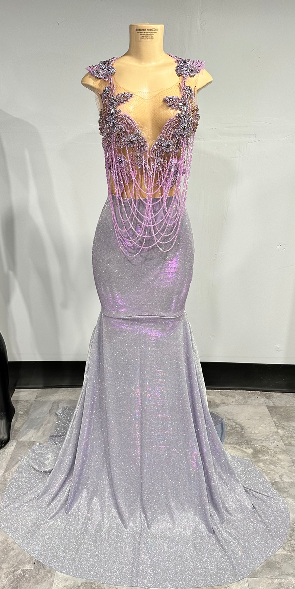 Bossy Girl semi-custom prom gown with light purple rhinestone on glitter fabric — Bellz Couture Detroit formal dress