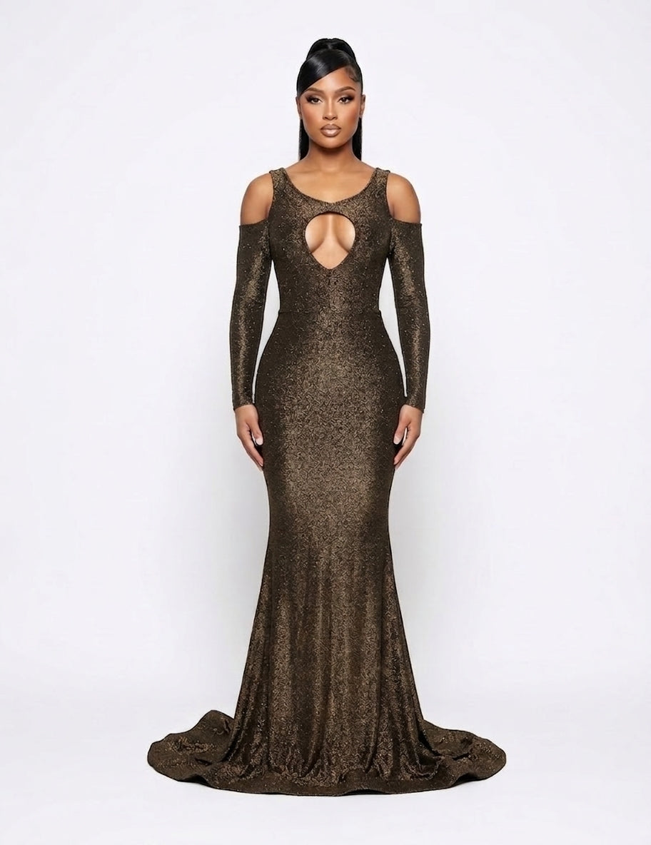 Casino Gown | Bronze Black Glitter Keyhole Mermaid Dress