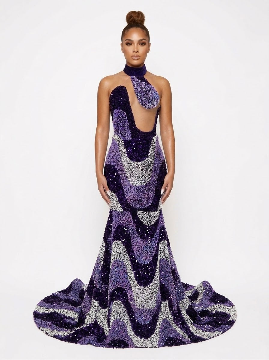 Hypnotize Sequin Wave Halter Gown