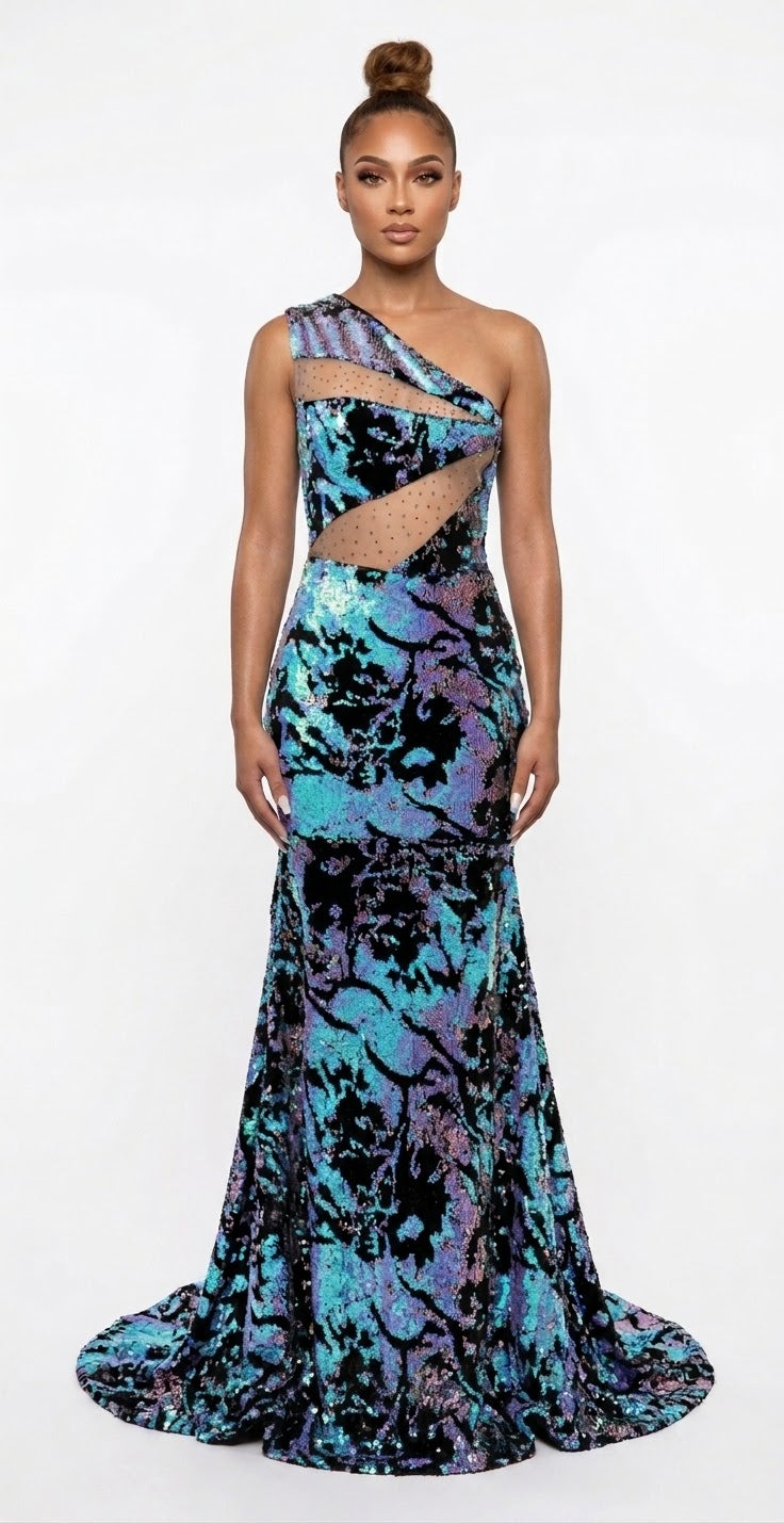 Mystique Gown | Blue Purple Black Sequin Mesh Cutout Mermaid