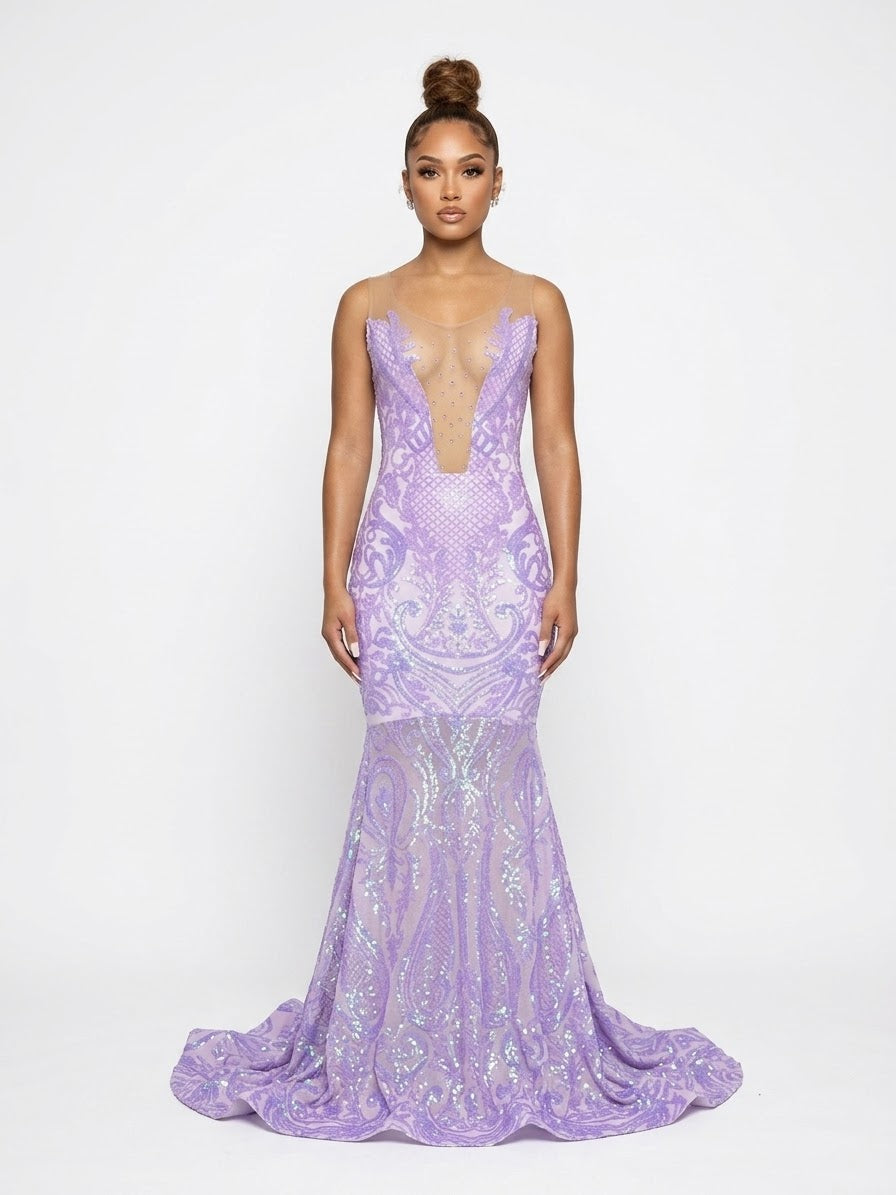 Pretty N Pastel Gown | Lavender Iridescent Sequin Mesh Cutout