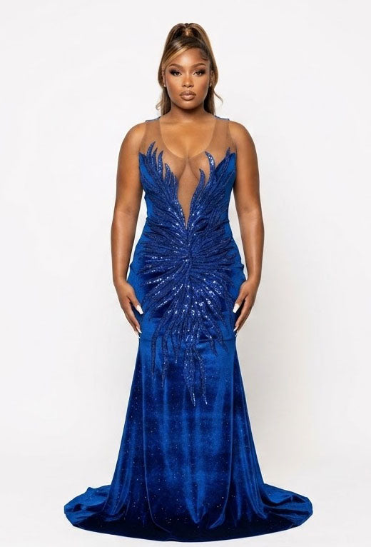 Royalty Gown | Royal Blue Velvet Mermaid with Sequin Appliqué