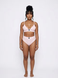 Comfort Zone Boyfriend Brief by Bellz Couture in blush pink, front view of high waist ribbed panty with matching bralette
