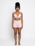 Comfort Zone 3 Piece Set by Bellz Couture in blush pink, front view of ribbed bralette, boxer, and matching loungewear set