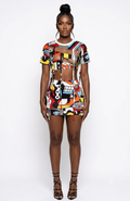 One of One Reworked Graphic Mini Set by Bellz Couture, front view of custom mesh cutout crop top and mini skirt reworked from a 3XL graphic tee
