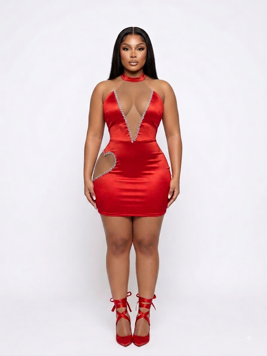 Seduction Halter Dress | Rhinestone V-Neck with Hip Cutout