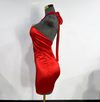 side view2 of red halter dress with heart side cutout trimmed in silver rhinestones by Bellz Couture Detroit on a mannequin against a plain wall